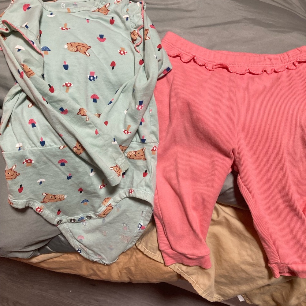 Ever and ever two piece long sleeve wildlife pattern shirt and pink pants.